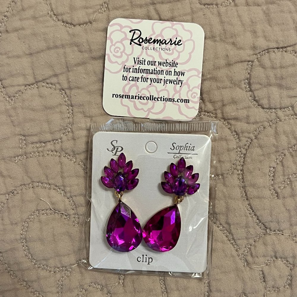 Purple Flower Petal Marquis Leaf Crystal Teardrop Clip on Earrings